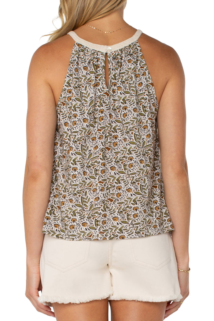 Sleeveless Woven Halter w/ Crochet | Olive Leaf/Cream