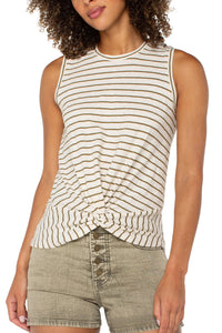 Sleeveless Crew Neck Twist Front Top | Cream Olive Stripe