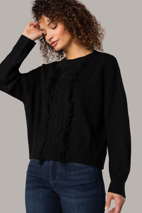 Crew Neck Sweater with Fringe | Black