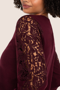 Long-Sleeve Crew Neck Lace Inset Knit Top | Burgandy