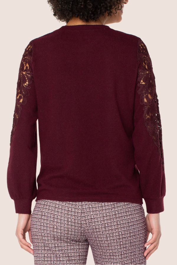 Long-Sleeve Crew Neck Lace Inset Knit Top | Burgandy