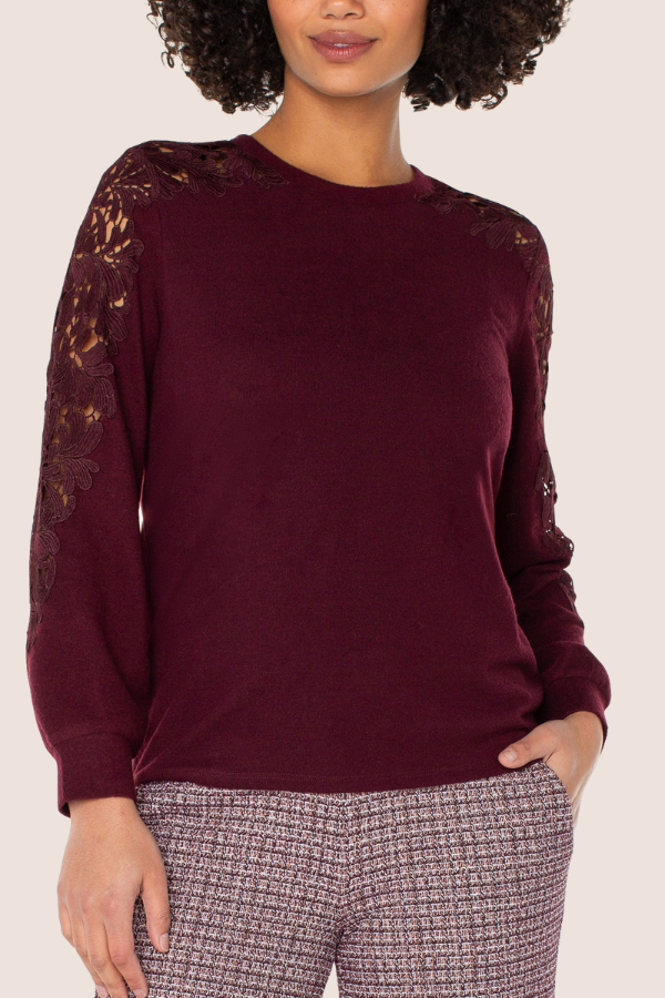 Long-Sleeve Crew Neck Lace Inset Knit Top | Burgandy
