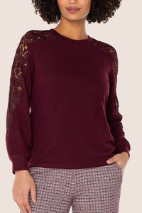 Long-Sleeve Crew Neck Lace Inset Knit Top | Burgandy