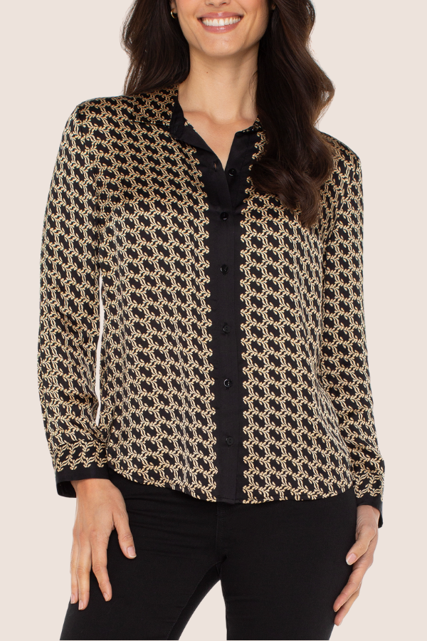 Button Front Woven Shirt | Black/Gold
