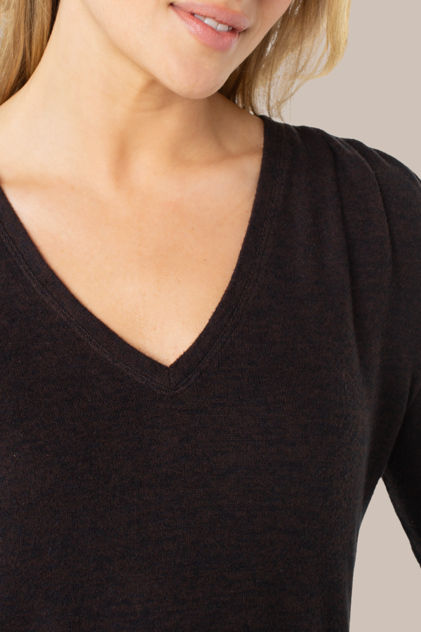 Long Sleeve V-Neck Knit Top with Shrring | Java Melange