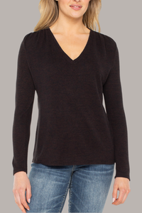 Long Sleeve V-Neck Knit Top with Shrring | Java Melange