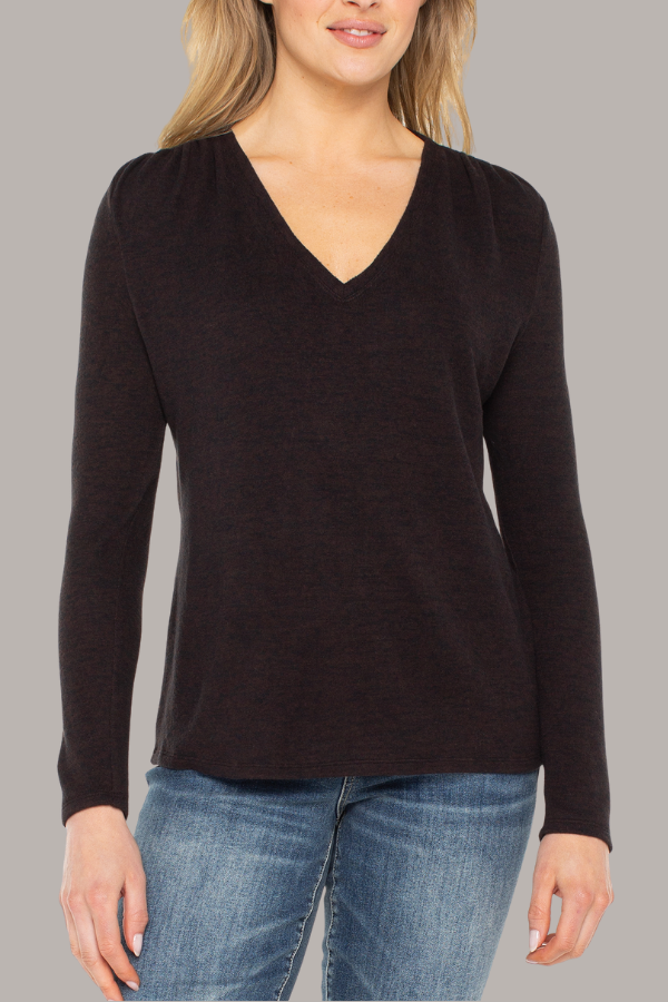 Long Sleeve V-Neck Knit Top with Shrring | Java Melange