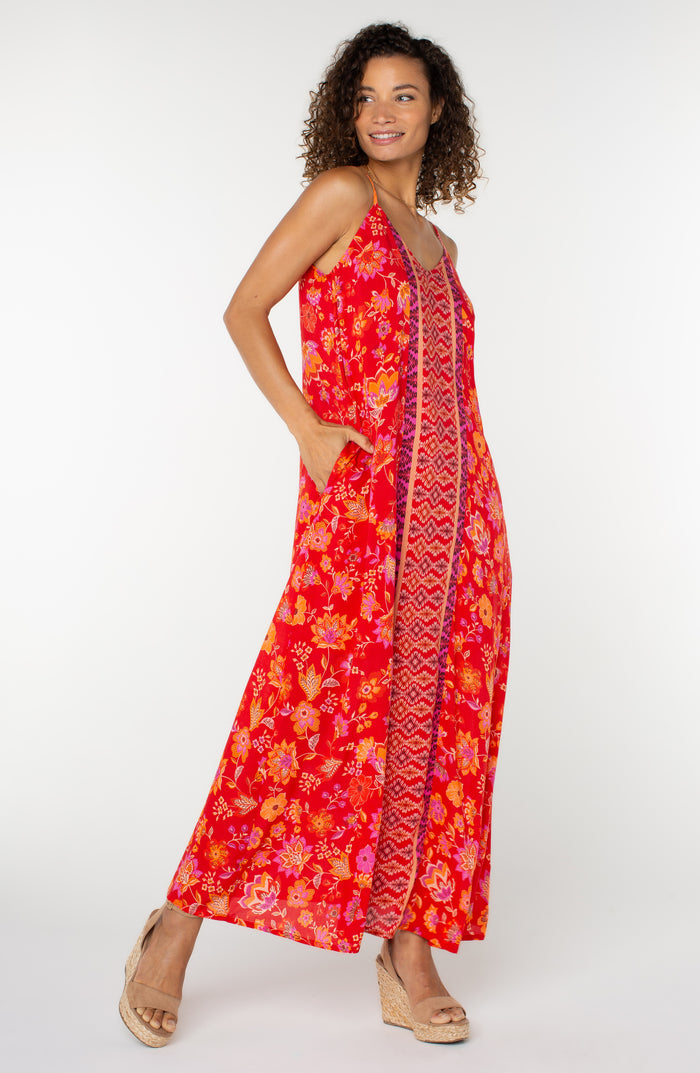Spaghetti Strap Woven Maxi Dress | Red/Orange Floral
