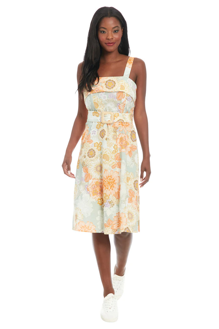 Foldover Neck Belted Floral Dress | Light Peach