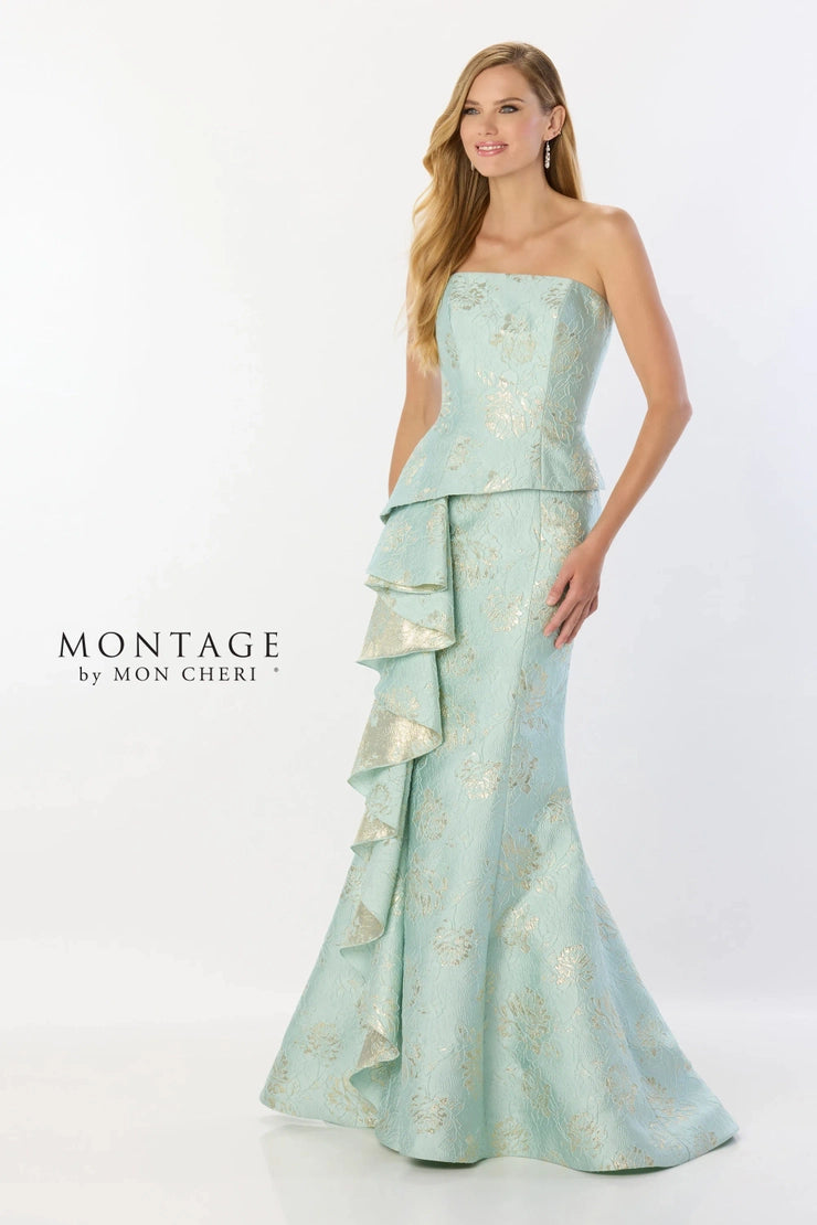 Montage M2226 Brocade Strapless Cascade Dress | Aqua/Gold