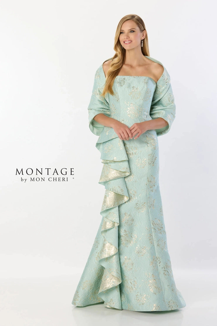 Montage M2226 Brocade Strapless Cascade Dress | Aqua/Gold Harriman Clothing Co. Montage M2226 Brocade Strapless Cascade Dress | Aqua/Gold Harriman Clothing Co.