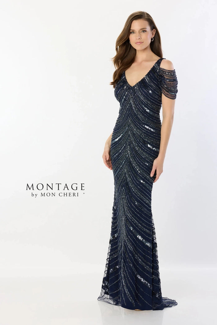 Montage M2244 Beaded V-Neck with Sequins and Tulle