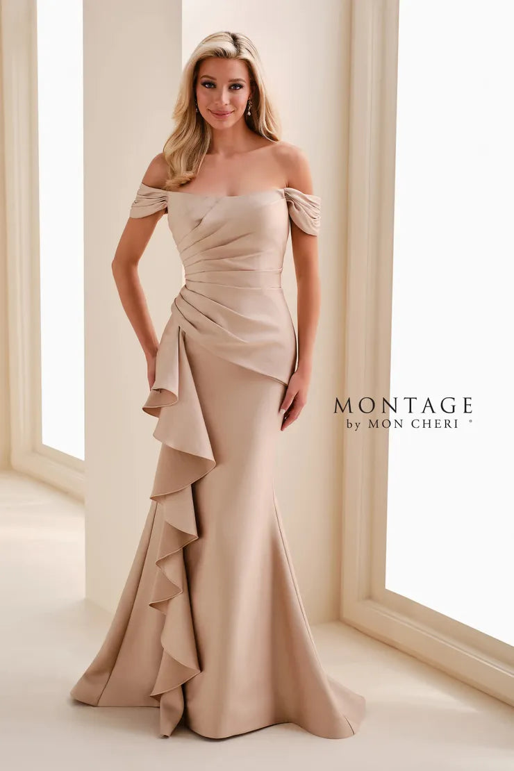 Montage M4202 Off Shoulder Gown with Draped Hip