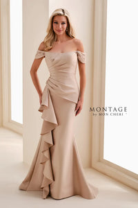Montage M4202 Off Shoulder Gown with Draped Hip