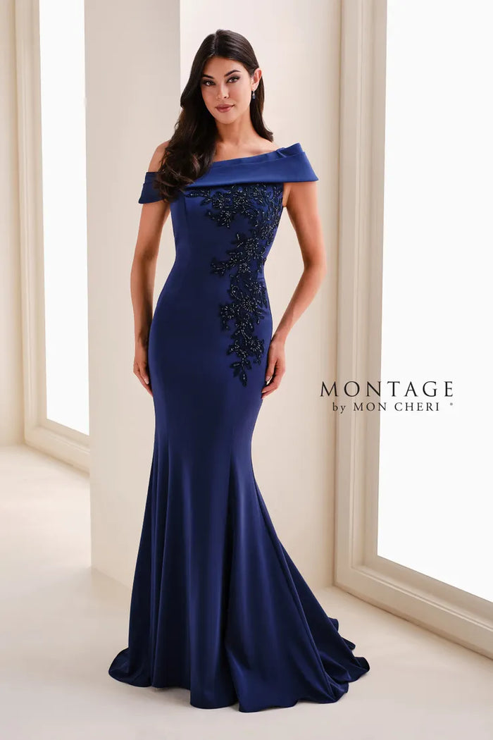 Montage M4214 Crepe Satin Asymmetrical Off-the-Shoulder Gown