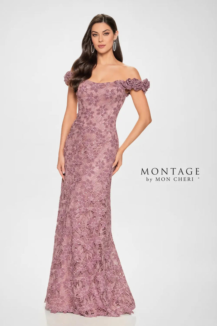 Montage M854 A-Line Lace Off-the-Shoulder Gown