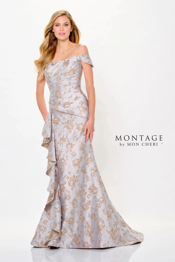 Mon Cheri Brocade with Cascade Gown | Misty Blue