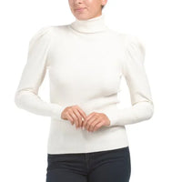 Ribbed Puff Sleeve Turtle Neck Sweater | Cream, Wax Loden
