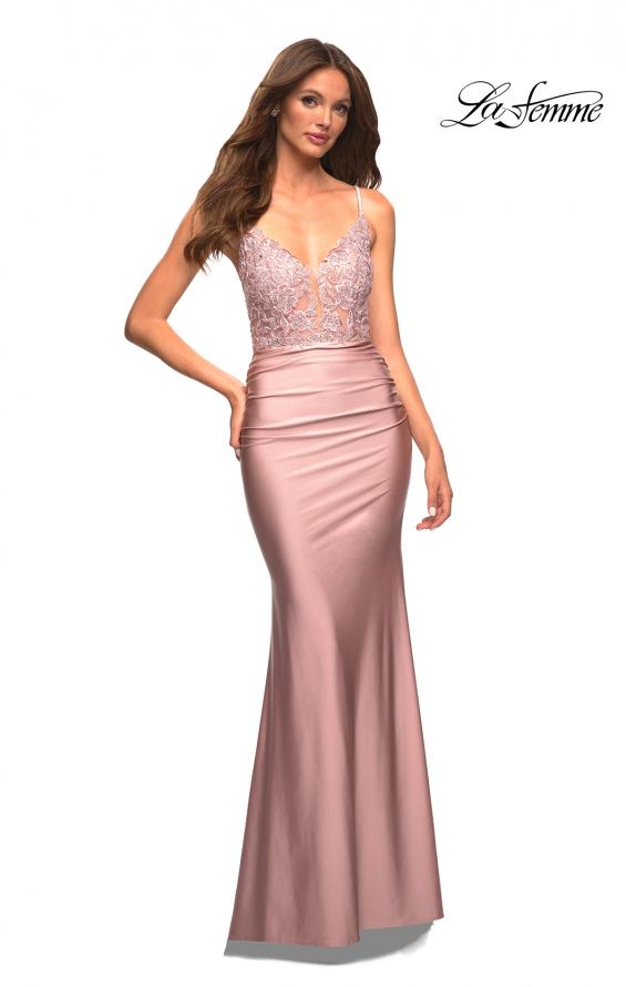 La Femme 30466 V Neck Embellished Lace Top Gown