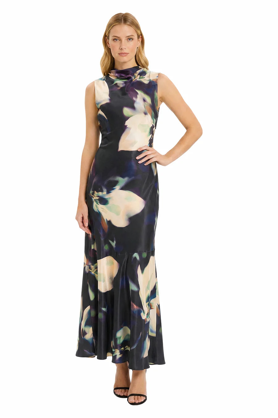 Printed Floral Halter Cowl Neck Dress | Black/Cream