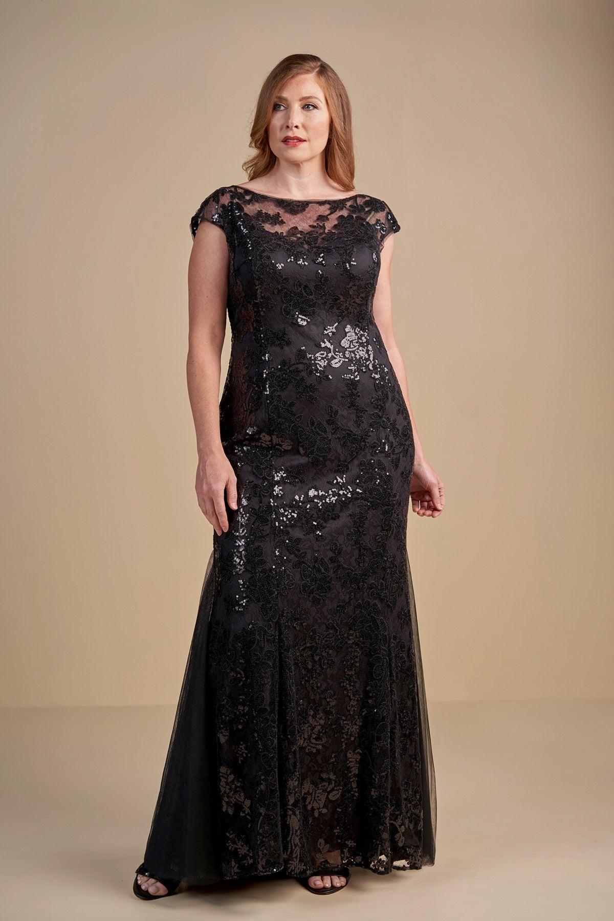 Jade Couture K198011 Cap Sleeve Sequins Lace Illusion Dress