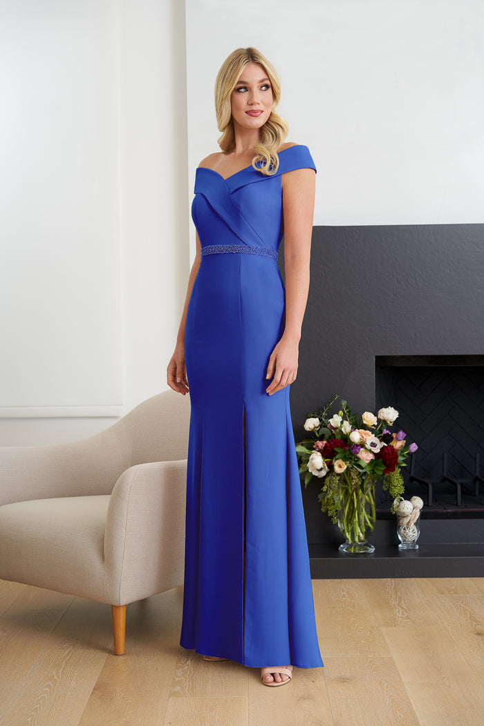 Jasmine K258051 Stretch Crepe Fit and Flare Gown with Asymmetrical Cross-Over Portrait Neckline and Hand Beaded Waistband | Cobalt Blue