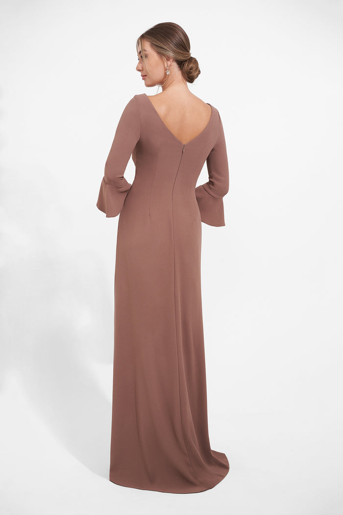 Jasmine K278004 Soft Stretch Crepe Hi-Neck Gown w/ Bell Sleeve