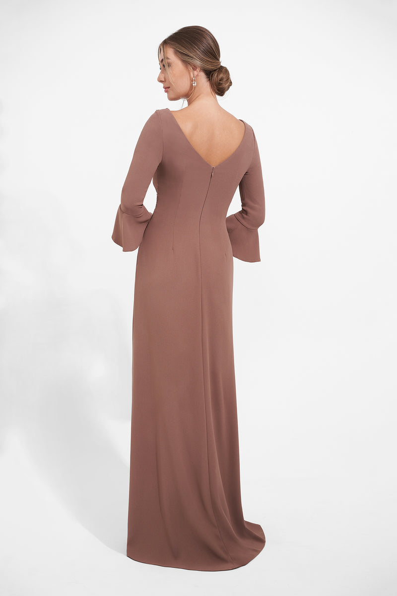 Jasmine K278004 Soft Stretch Crepe Hi-Neck Gown w/ Bell Sleeve