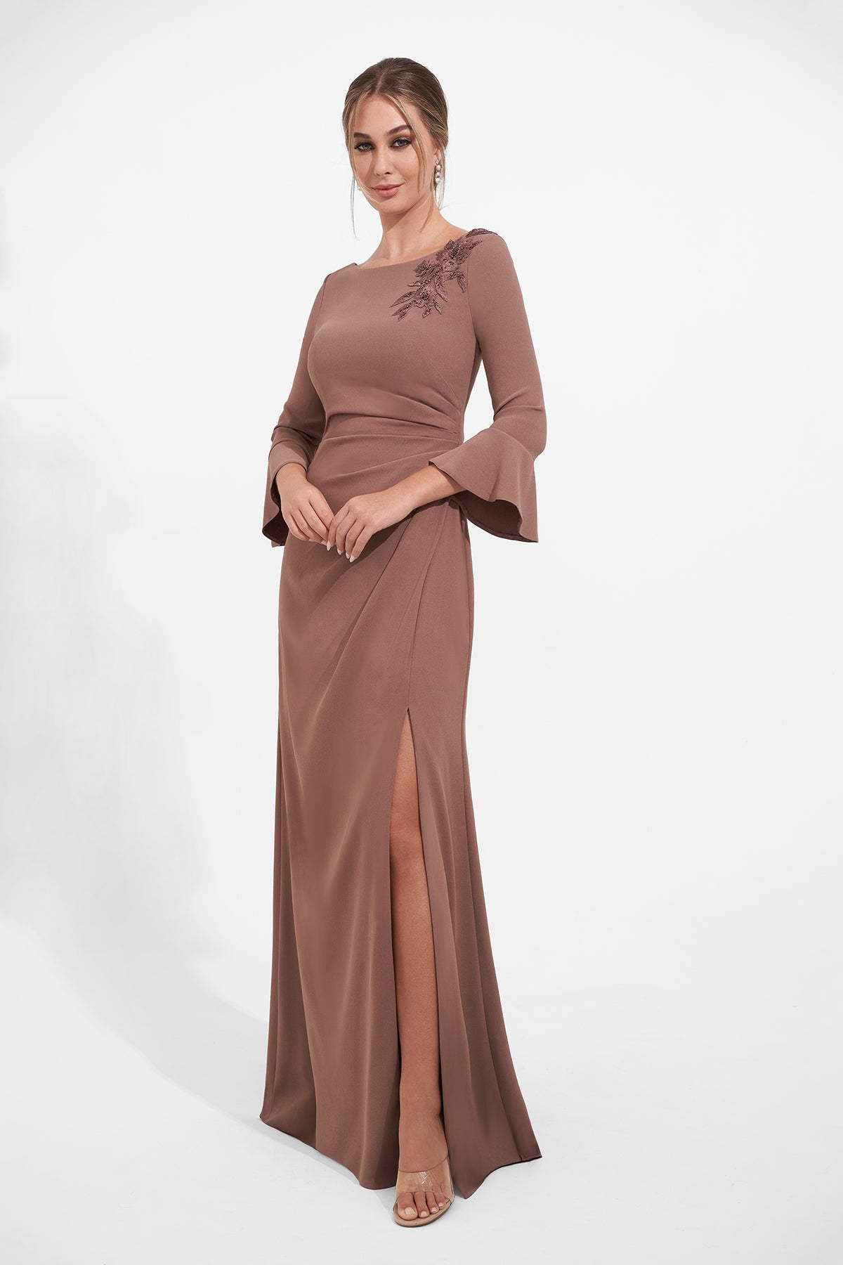 Jasmine K278004 Soft Stretch Crepe Hi-Neck Gown w/ Bell Sleeve