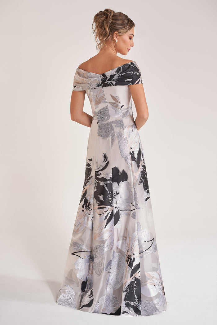 Jasmine K278060 Full Length Off-the-Shoulder | Giselle Silver Jacquard