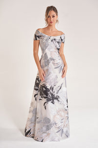 Jasmine K278060 Full Length Off-the-Shoulder | Giselle Silver Jacquard