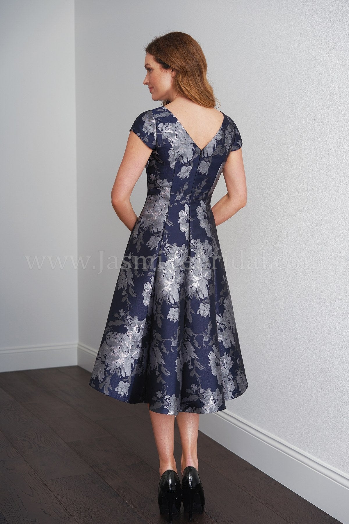 Jasmine M200066U Mikado V-Neck S.S. Hi Low Cocktail Dress