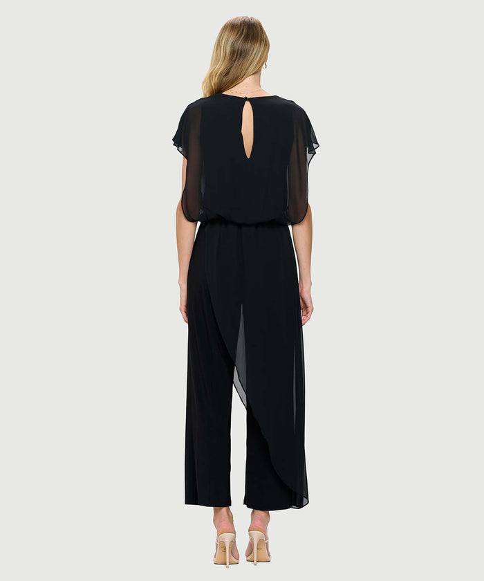 Jumpsuit with back Neckline, Chiffon Overlay & Straight Leg | Navy, Black, Burgundy