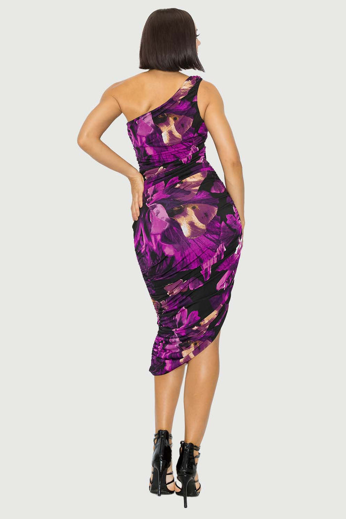 One Shoulder Ruched Bodycon Dress | Paisley Print, Plum/Black