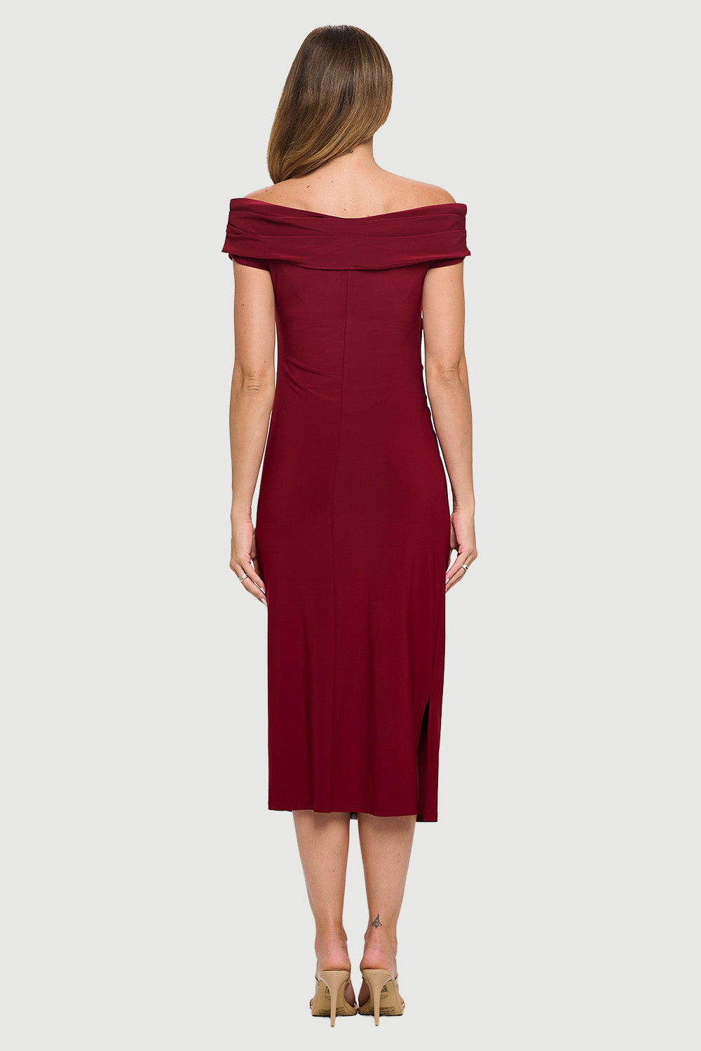 Off-the-Shoulder Ruched Dress with Side Slit | Burgundy