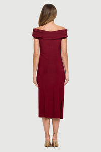 Off-the-Shoulder Ruched Dress with Side Slit | Burgundy