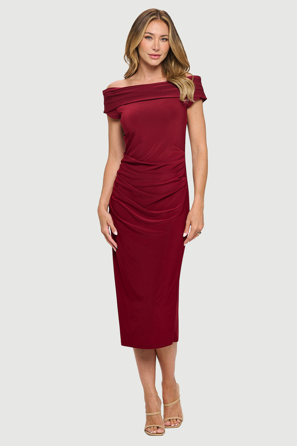 Off-the-Shoulder Ruched Dress with Side Slit | Burgundy
