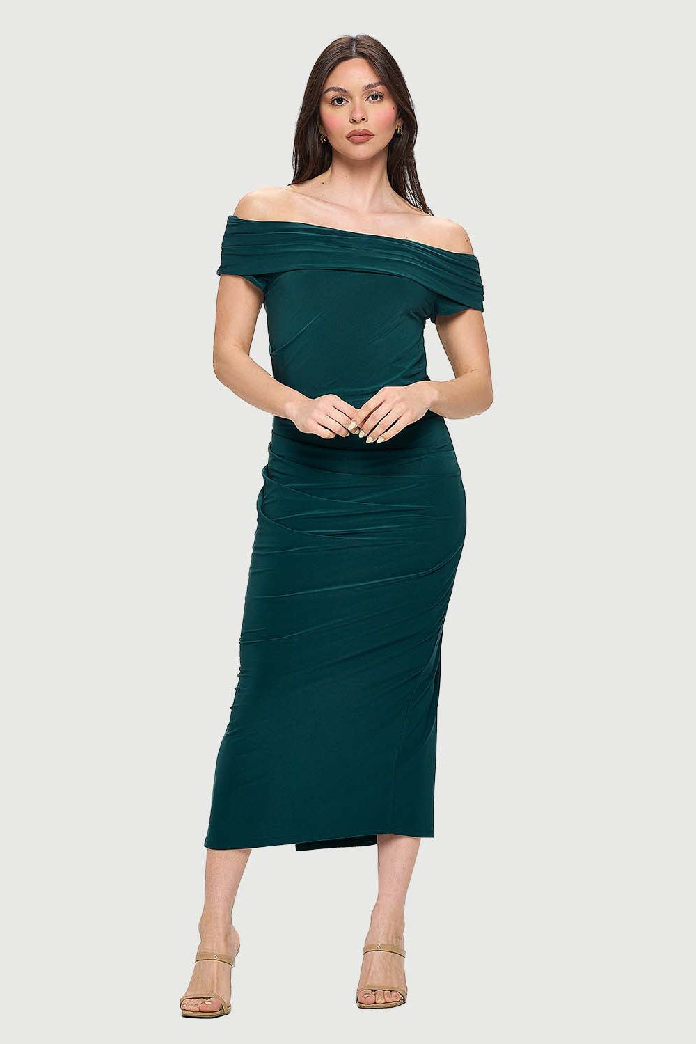 Off-the-Shoulder Ruched Dress with Side Slit | Hunter Green