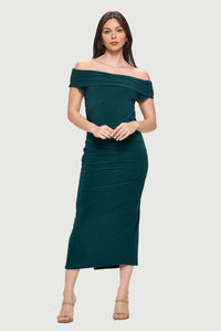 Off-the-Shoulder Ruched Dress with Side Slit | Hunter Green