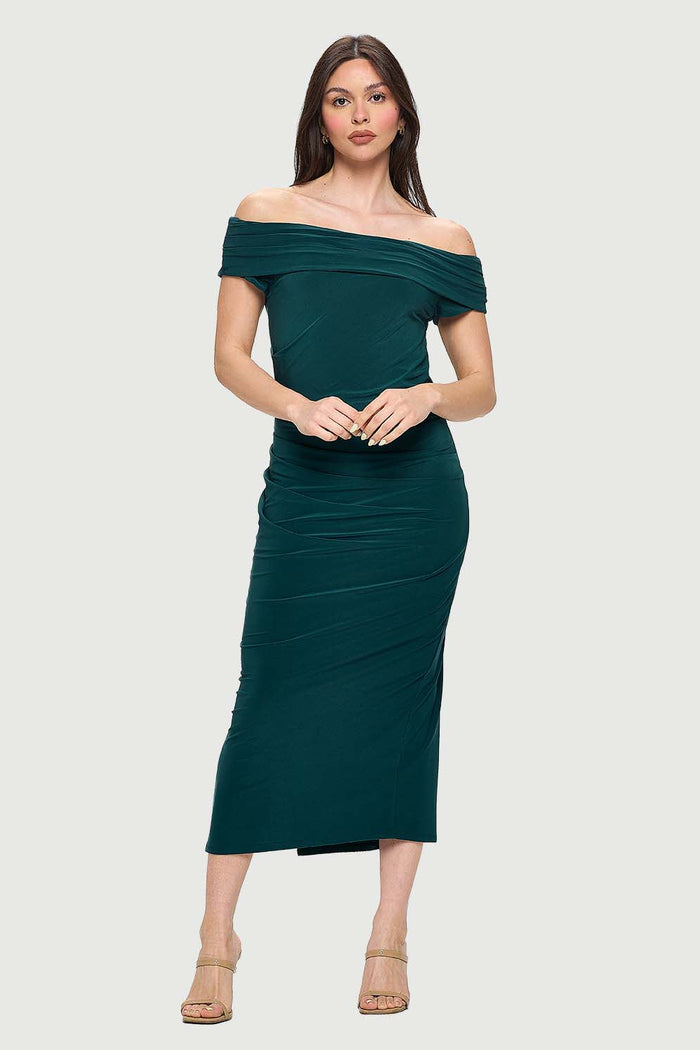 Off-the-Shoulder Ruched Dress with Side Slit | Hunter Green