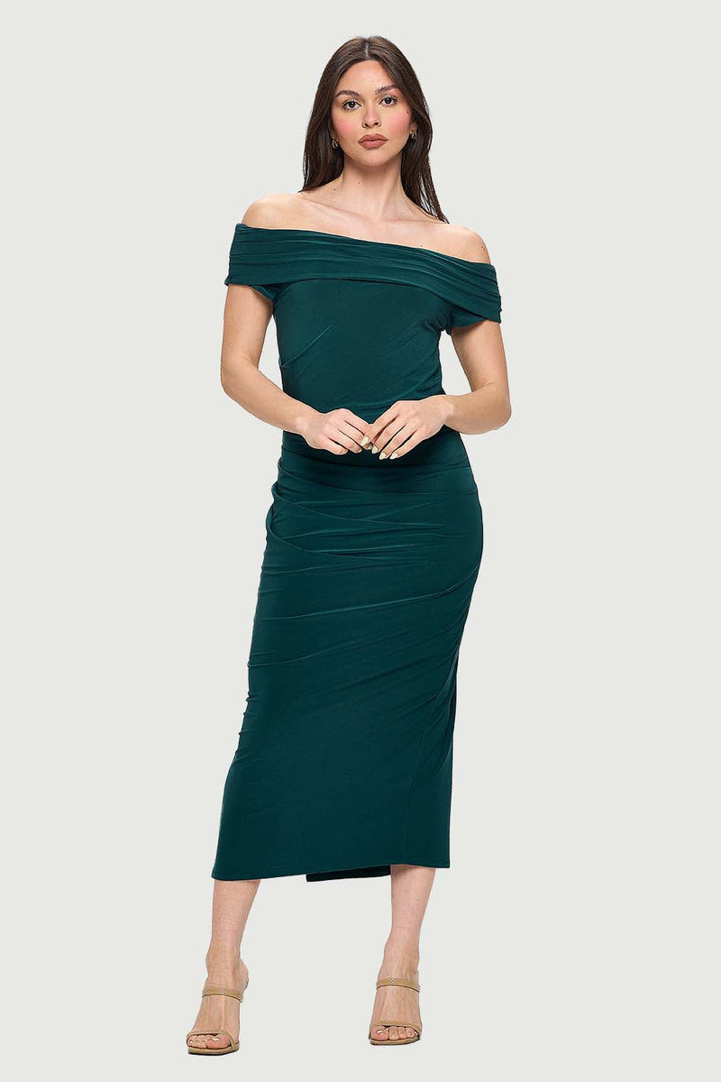 Off-the-Shoulder Ruched Dress with Side Slit | Hunter Green