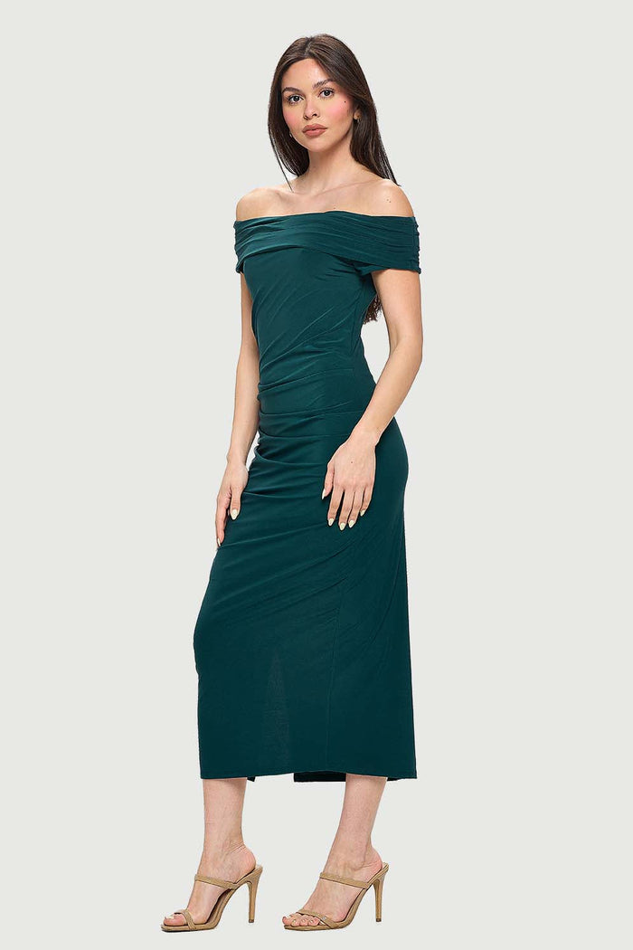 Off-the-Shoulder Ruched Dress with Side Slit | Hunter Green