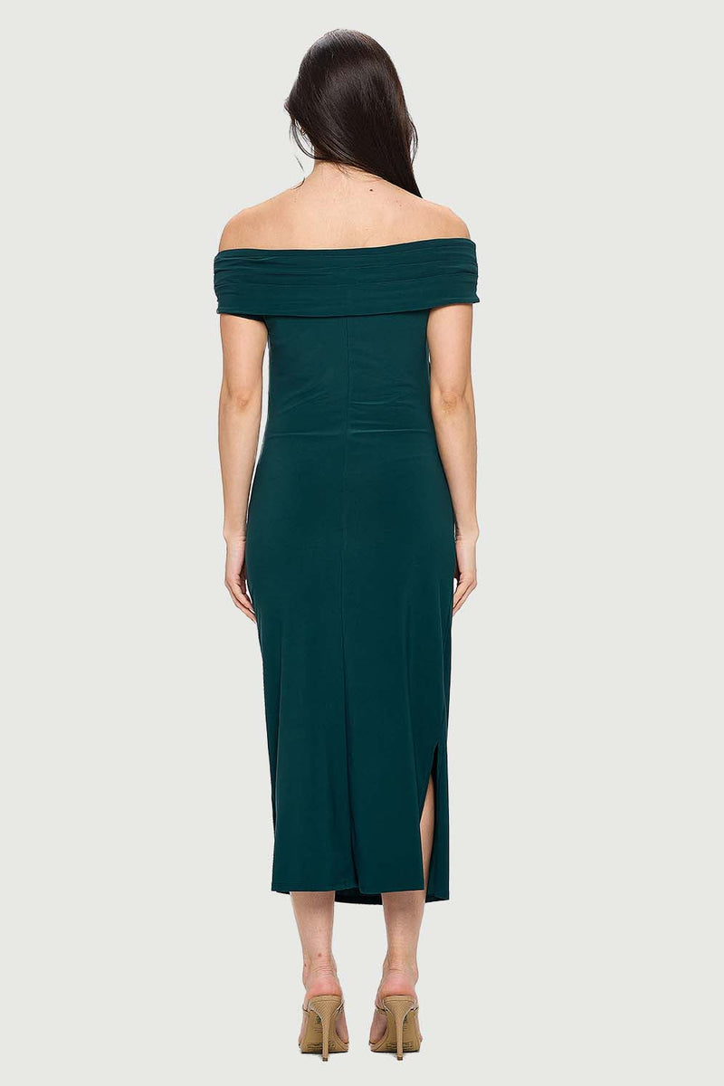 Off-the-Shoulder Ruched Dress with Side Slit | Hunter Green