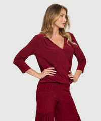 ¾ Sleeve High-Low V-Neck Twisted Hem Top | Burgandy