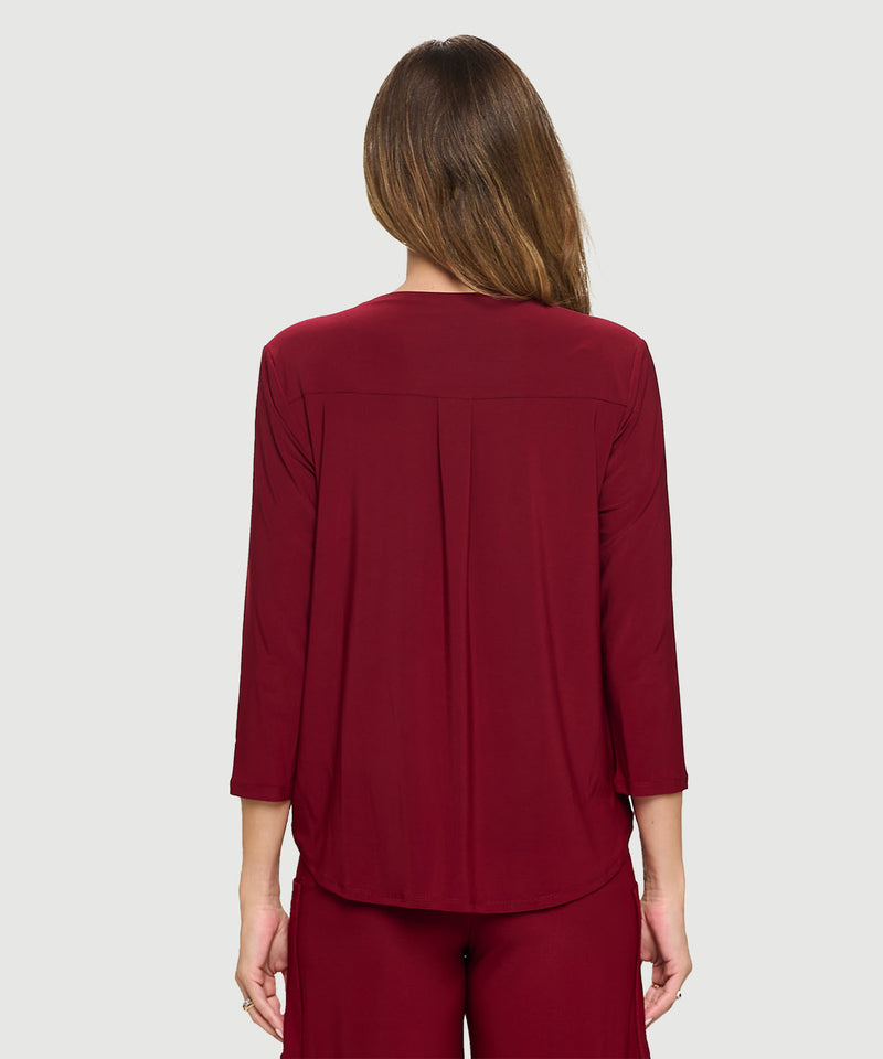 ¾ Sleeve High-Low V-Neck Twisted Hem Top | Burgandy