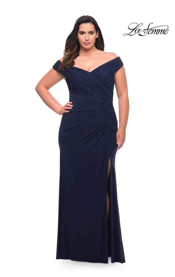 2024 La Femme Off the Shoulder Jersey Gown Navy