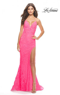 La Femme 31404 Rhinestone Embellished Lace Gown