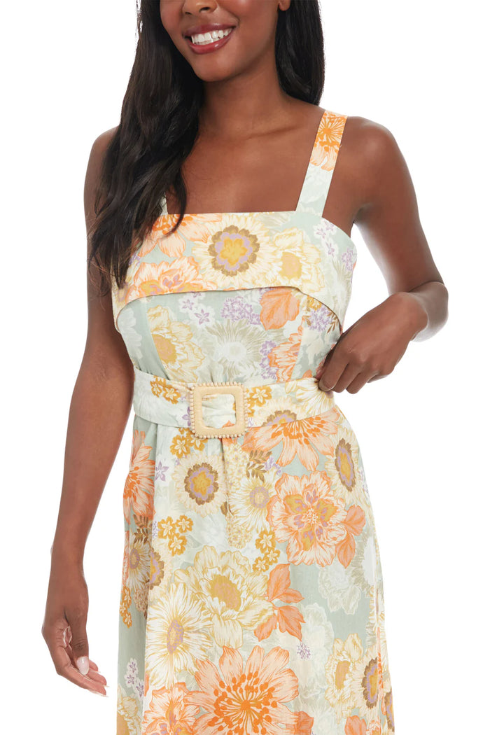 Foldover Neck Belted Floral Dress | Light Peach
