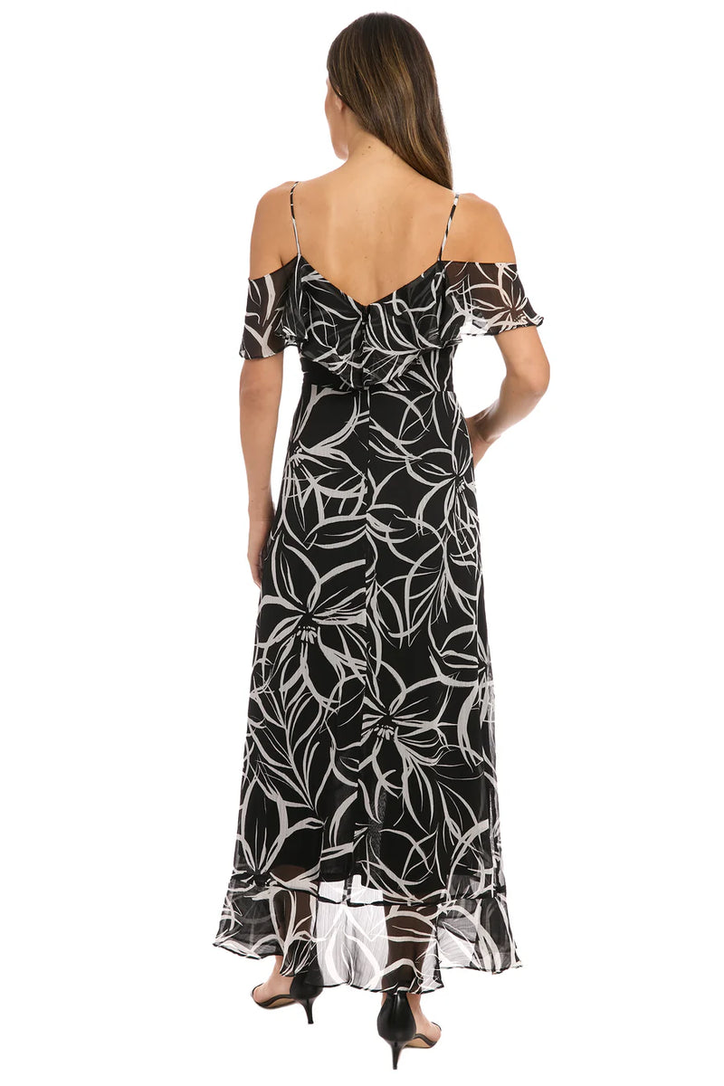 Cold Shoulder Ruffle Wrap Maxi Dress | Black/White