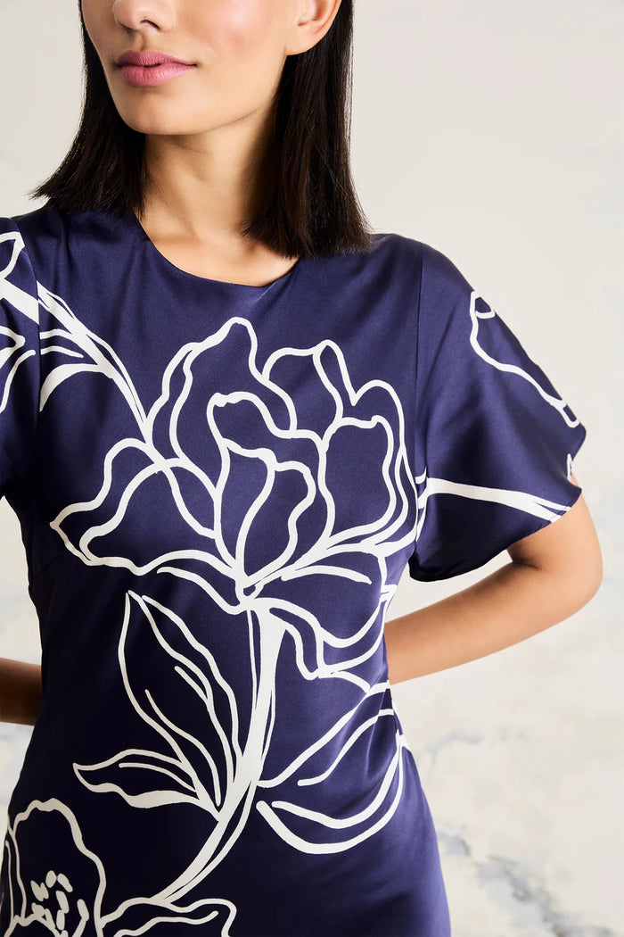 Short-Sleeve Two Tone Charmeuse Dress | Navy/Ivory